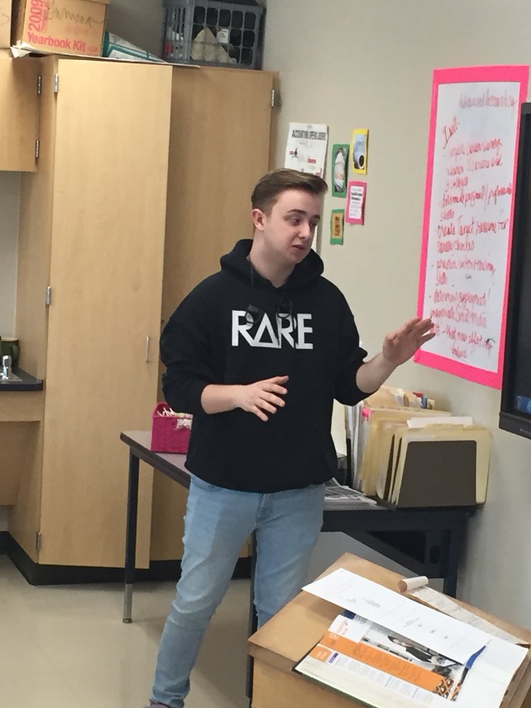 CAHSBusiness's tweet photo. Lucas got some FaceTime...Kayden was horsing around.. Jake is definitely Insured an A...and Tristen was Off the Wall when they presented their presentations - great job to all of my future Sales Personnel #cahsbusinesstudents #theywereawesome #thinkucan #stayconfident #room228 https://t.co/HzdzMIiMNS