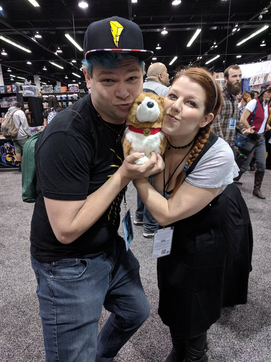 ObsRefGames's tweet photo. @LibraryBards and @GeekandSundry stars Xander and Bonnie showing some love to Waffles the evil Corgi! #overlordsofinfamy #ShieldOfTomorrow https://t.co/NvkHl7Jfcf