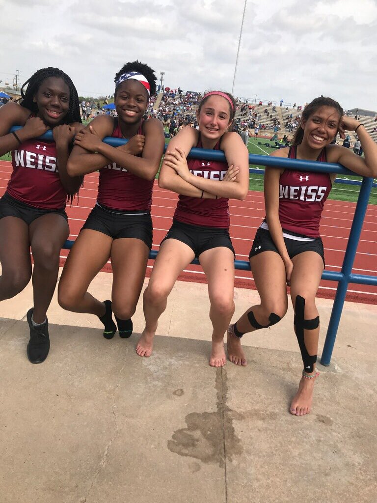 Panther Relay Results (W) - 4x400 Relay First Place 🥇: Angelica Bernal Sophia Reyes Michaela Francios Tashara Gildon #PfISDAthletics #CrimsonCrew