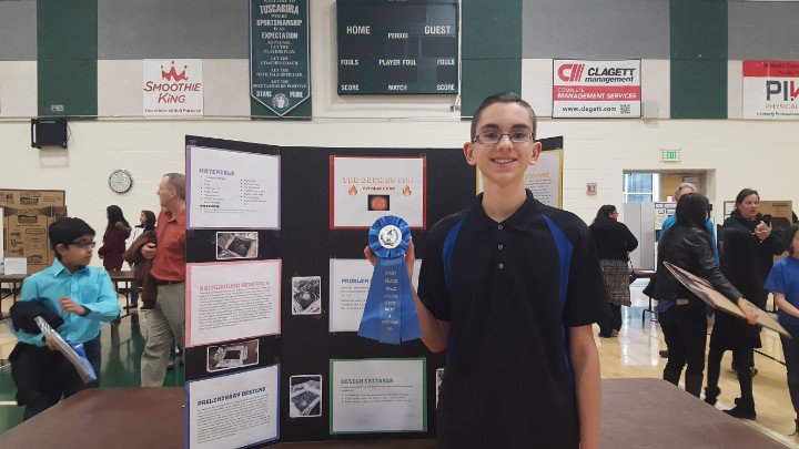 Proud of my son Blake Day who won first place in the middle school Energy-Chemical/Physical category in the FCPS Science and Engineering Fair today!