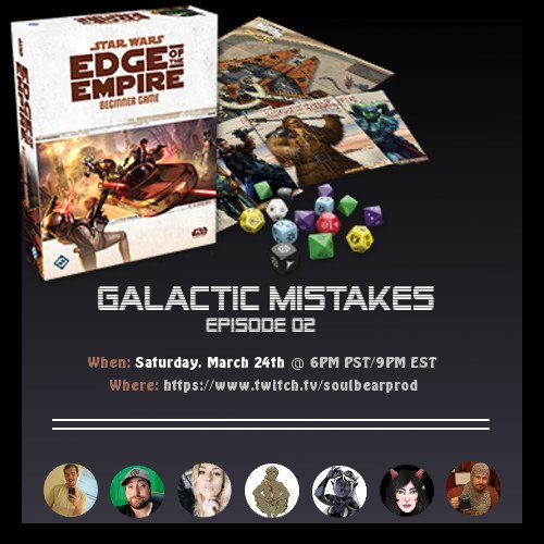 Shriekee's tweet photo. Starting in roughly 15 minutes, episode 02 of our #StarWars 'Galactic Mistakes' campaign. Hosted by @SoulBearProd 

GM: @Soulibon 
Players:
@Cptsugarbear 
@RyleeAvre 
@KingColeMiner 
@Shriekee 
@danaleighbee 
@DeltaJFord https://t.co/JY0wh4DuOe