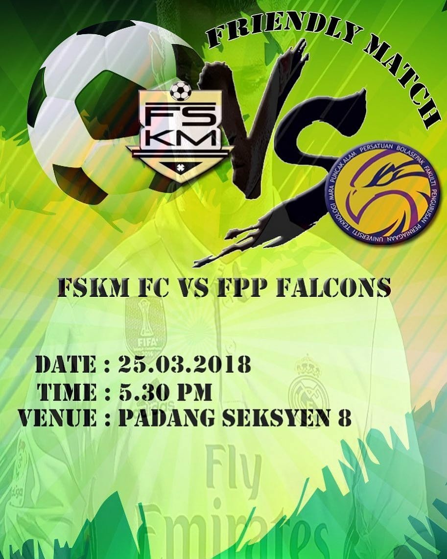 SMKPPIM's tweet photo. Perlawanan persahabatan kedua bagi FSKM FC menjelang Piala TNC 2018. Kali ini pasukan FSKM FC akan bertemu dengan FPP Falcons. Kami memerlukan anda sebagai pemain ke 12 kami. Ayuhh turun ke padang warga fskm sekalian. Come on Fskm FC πͺπΎ #kamibukankakibuku #fskmfc #fppfalcons https://t.co/Uz7SO5YnXW