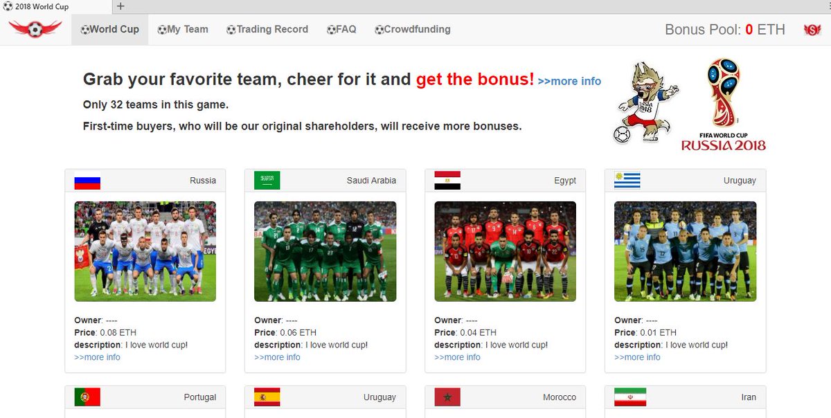 Hello_WorldCup's tweet photo. Our team is keen to develop the ethereum Dapp, website: https://t.co/GdMQv5XKn1, contract address:https://t.co/rPMSKSG9Eg, Only 32 teams in this game.First-time buyers, who will be our original shareholders, will receive more bonuses. https://t.co/KmXs4jtPrv