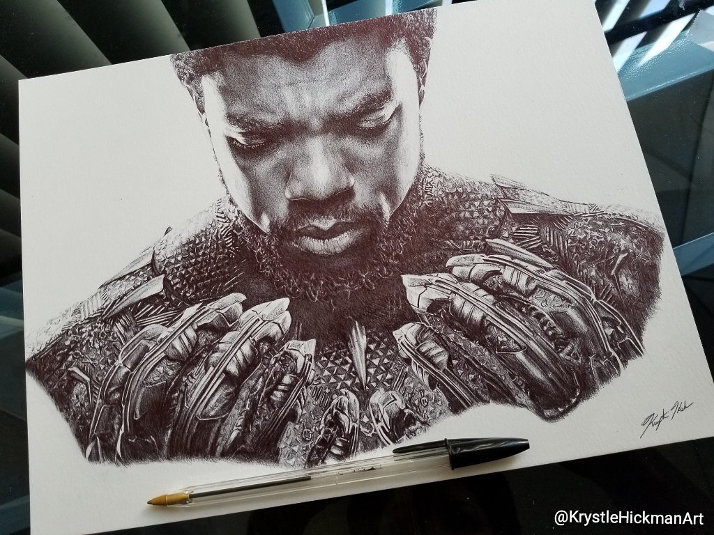 KrystleHickman's tweet image. Ballpoint pen drawing of @chadwickboseman as T'Challa from @theblackpanther The time-lapse video will be out on Monday. @krystlehickmanart #BlackPanther #krystlehickmanart #chadwickboseman  #WakandaForever #Wakanda #drawing #Bic #Pens #art #timelapse