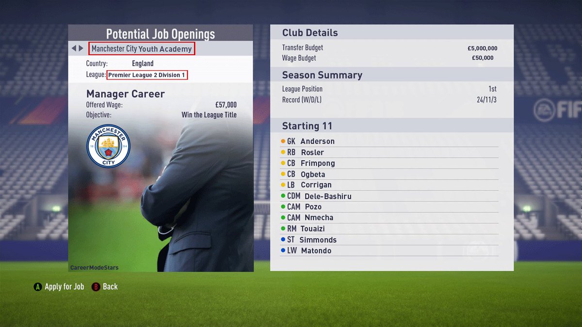 CareerModeStars's tweet photo. #FIFA19 Concept-

Scenario: Doing well in the English 3rd division, and you recieve a Job offer for Manchester City's Youth XI which can further lead onto getting a chance with the first team! https://t.co/K35PVqkB47