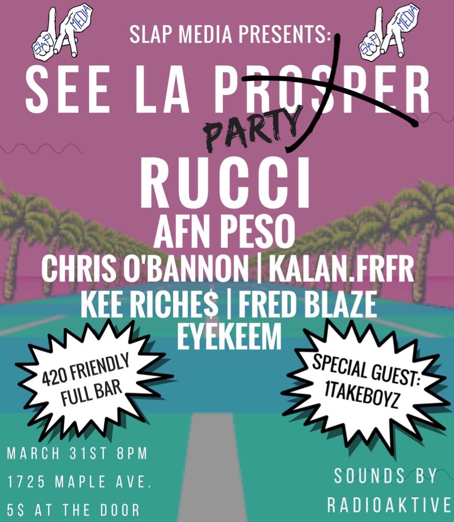 🗣 #SEELAPARTY is a week away🔊
-@INGRucci
-@afnpeso 
-@1chrisobannon 
-@kalanfrfr 
-@KeeRiches 
-@ThatNiggaFB 
-@EyeKeem  

+ Special Guests: 1TakeBoyz (@1TakeJay_ @1takeQuan @1TakeTeezy) 

LA COME OUT & GO CRAZY🤘

3/31 @ 1725 Maple Ave. Los Angeles