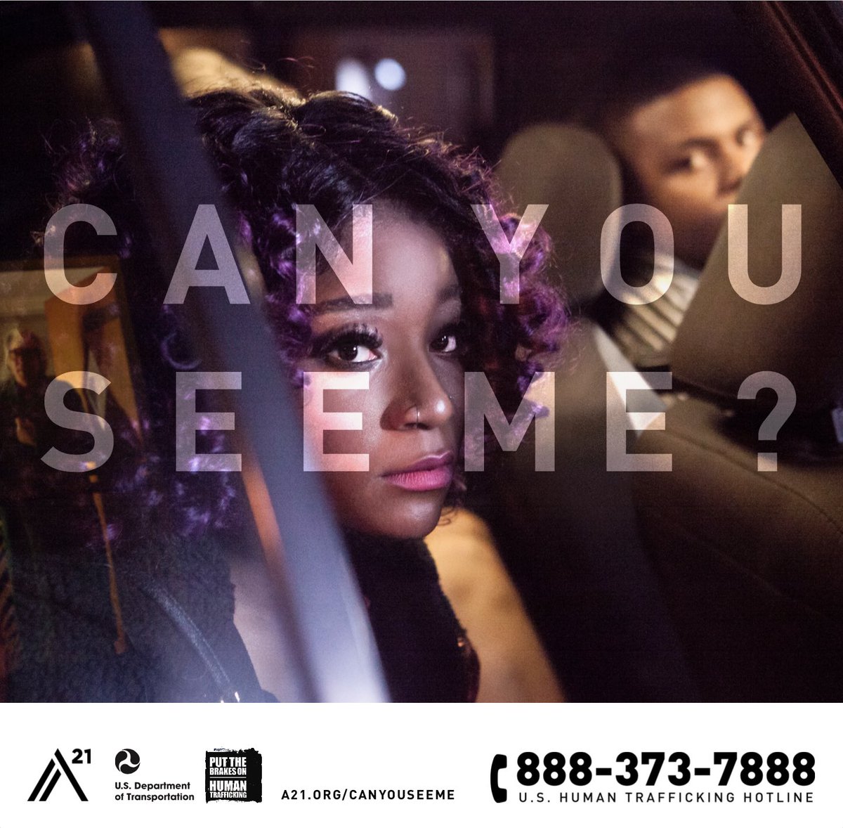 A21's tweet photo. Sex trafficking of minors happens here in the US. Victims are often right in front of us—on buses. In cabs. In rideshares. Traffickers often take advantage of runaway children to exploit them for their own gain. If you suspect it, report it. #CanYouSeeMe https://t.co/weJf585wNW