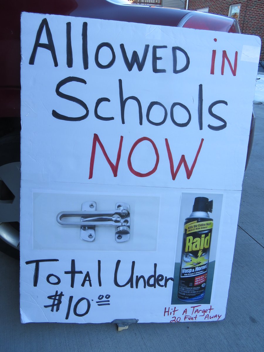 TrumpDoNotLie's tweet photo. My sign from today. Not total solution but something that can be done tomorrow. Can Spray a shooter in face with Raid from up to 20 feet away. Raid in face gun dropped. Under $ 10. Lock/Latch and Raid. Spread the word please. https://t.co/j8AYvvbdFc