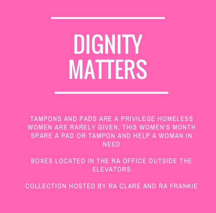 sju_fu's tweet photo. RAs in Century will be collecting pads and tampons for homeless women. Boxes will be located outside elevators and in the RA office! https://t.co/oEBX12Ljoo