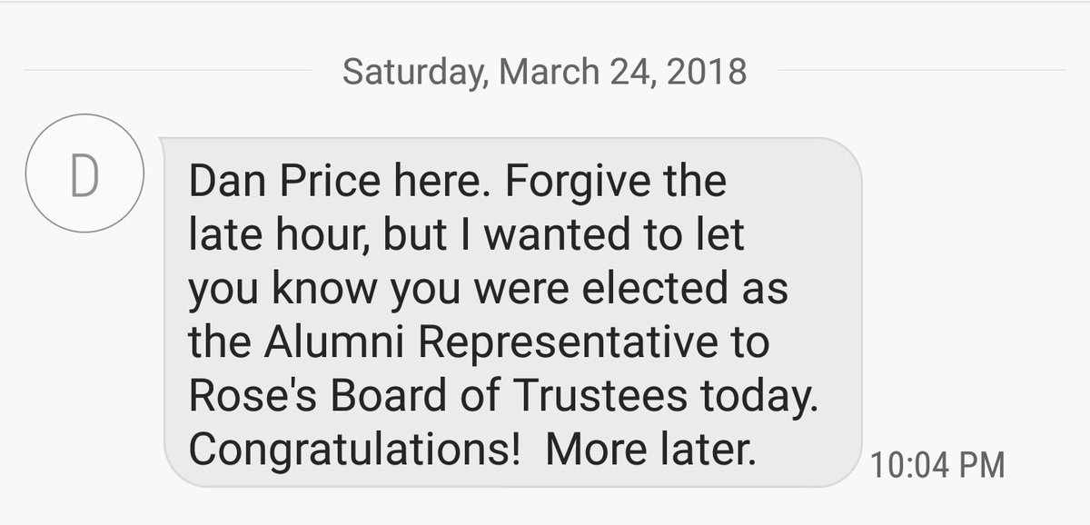 ashvinlad's tweet photo. It's like getting the call that you were just voted into the Hall of Fame...but by text!
This week could not have ended on a higher note! Looking forward to serving @RoseHulman and the @RoseHulmanAlums! #ForeverRose #RosePride https://t.co/QJxhBT0xov
