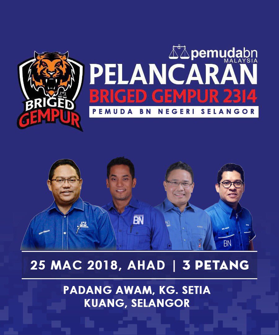 PemudaUMNOMy's tweet photo. Jom bersama YB @Khairykj di Majlis Pelancaran Briged Gempur 2314 Pemuda BN peringkat negeri Selangor di Padang Awam Kg Setia, Kuang hari ini! #SediaGempur https://t.co/YwJPoNEk8Y