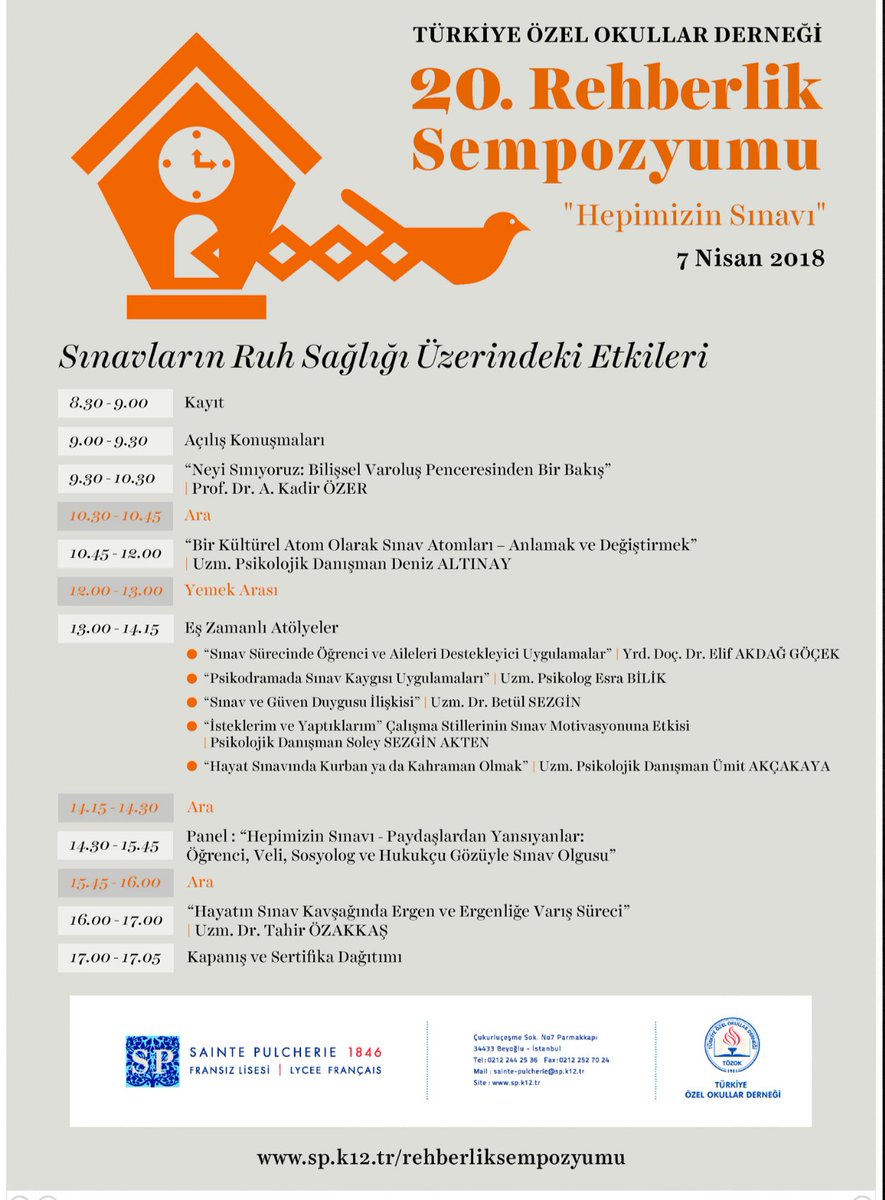 Rehberlik Komisyonumuzun desteğiyle bu yıl 20.si düzenlenecek  Rehberlik Sempozyumu “Hepimizin Sınavı – Sınavların Ruh Sağlığı Üzerindeki Etkileri” temasıyla üyemiz <a href="/StePulcherie/">Sainte Pulchérie</a> evsahipliginde 7 Nisan'da
Kayıt: 
sp.k12.tr/rehberliksempo…