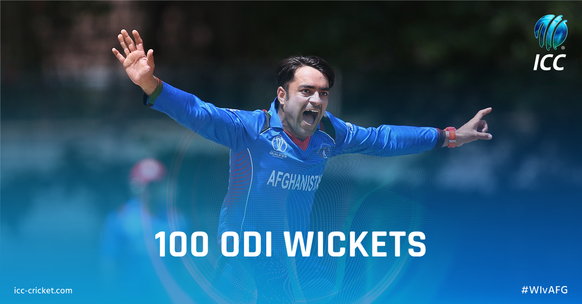ICC's tweet photo. Congratulations to @rashidkhan_19 on becoming the fastest player to take 100 ODI wickets, taking just 44 matches! 🙌

#WIvAFG #CWCQ https://t.co/sgJYS4lFqF