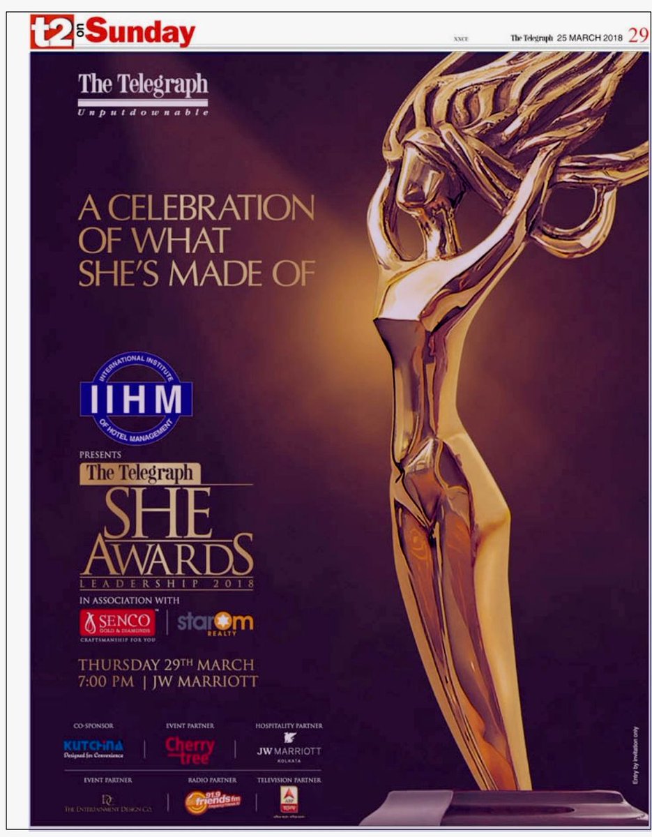 IIHMHOTELSCHOOL's tweet photo. We're proud to associate with @t2telegraph as the presenting sponsor for #TheTelegraphSheAwards, because we believe #Hospitality is incomplete without Women empowerment. https://t.co/9HrItEJATt
