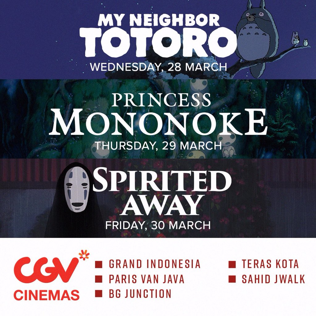 Halo ☀️

Berikut jadwal dan lokasi penayangan terakhir untuk 5 film Studio Ghibli di Indonesia! 

Jangan lewatkan kesempatan ini dan selamat #NontonGhibli!
