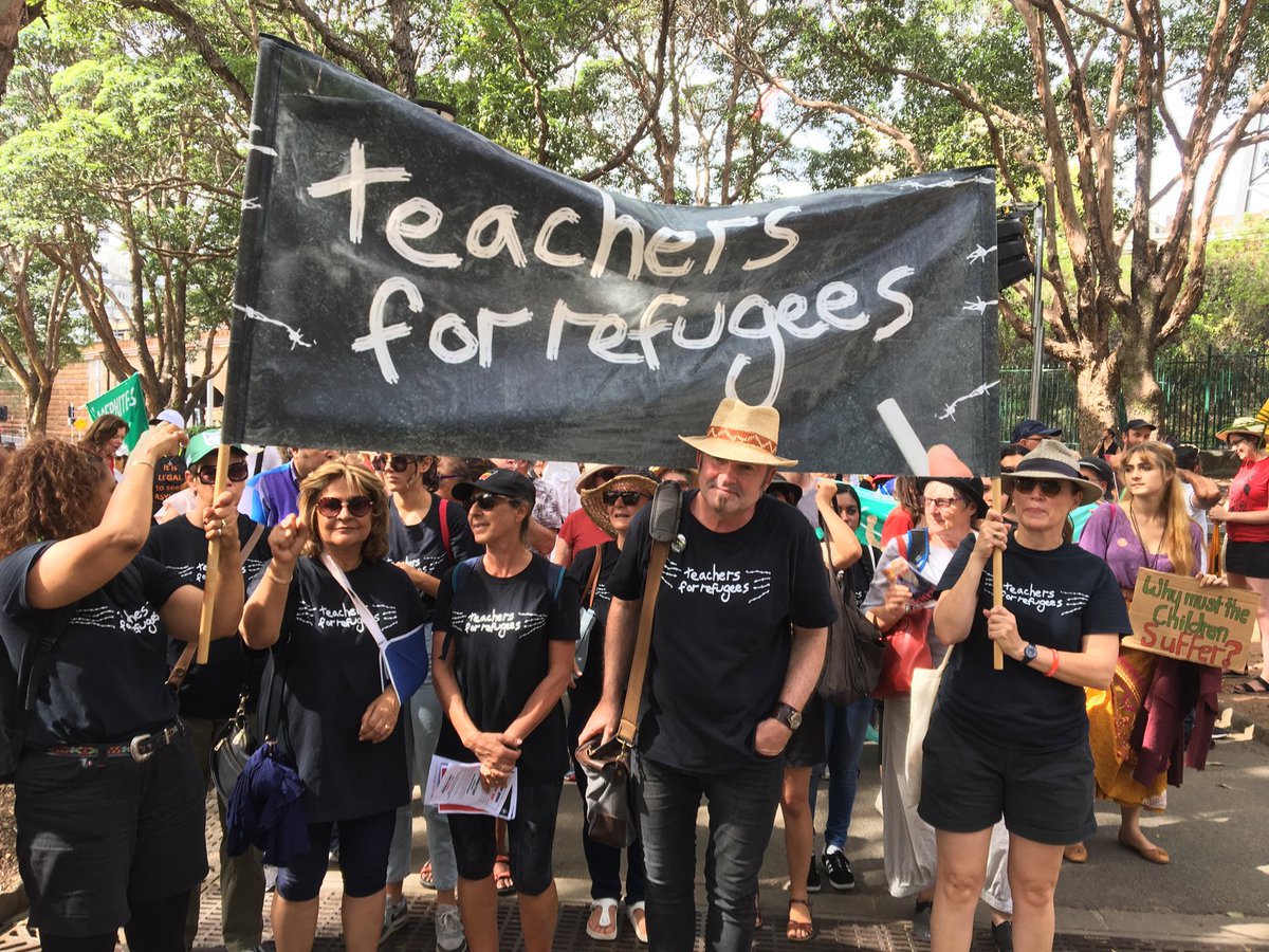 Thousands gather today 2 protest Australian government's imprisonment of refugees on Manus Island &amp; Nauru. I'm proud to stand w/ Teachers4Refugees 2 ensure message refugees are welcome here is not drowned out by politicians racist rhetoric. #BringThemHere