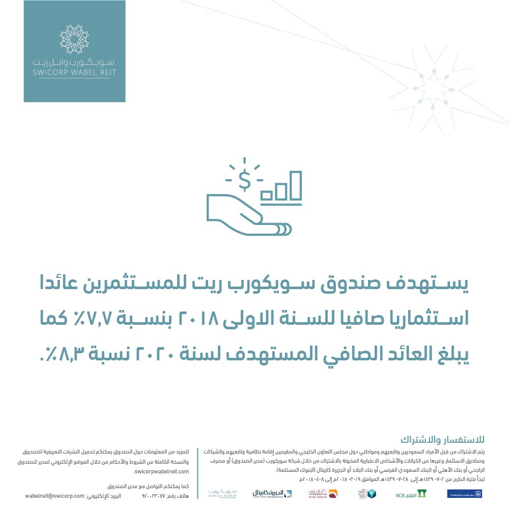 WabelReit's tweet photo. يستهدف #صندوق #سويكورب_وابل_ريت للمستثمرين عائداً استثمارياً صافياً للسنة الأولى 2018 بنسبة 7.7% ، كما يبلغ العائد الصافي المستهدف لسنة 2020 نسبة 8.3% .
.
#ريت #السوق_السعودي #السوق_السعودي_تداول #استثمار #تداول https://t.co/vGaeYhszbx