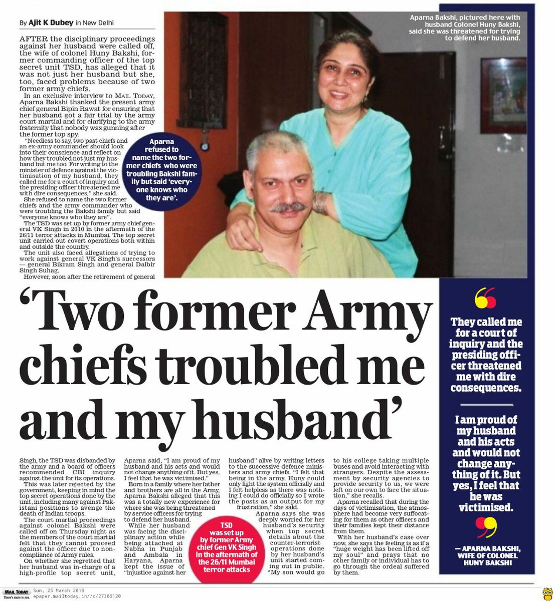 "Two former Army Chiefs troubled me and my husband": Mrs Aparna Bakshi - She fought the battles not many people will remember or want to talk about.Col Bakshi, who did things in defence of Union of India.Read and weep, o dear India.