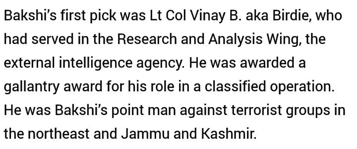 2. Col Vinay 'Birdie': Served in the Agency, did things here and there. Was the first one picked by Col Hunny.