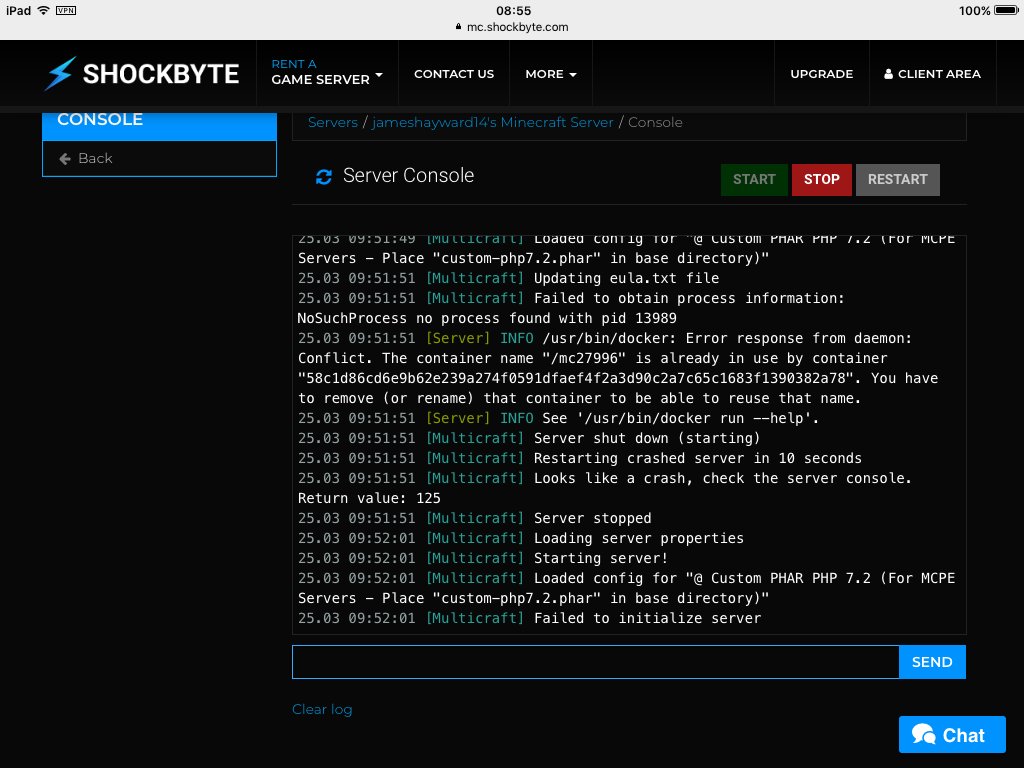 TheVoidPocket's tweet photo. @ShockbyteHost Hey, I've been having issues with console. Basically, it's acting up. I've sent through a support ticket like a few times, but no response. One of the errors were "Cannot get log" in console. And the other ones, well, I'll send a screenshot here: thanks. https://t.co/PSIE9Qpq8I