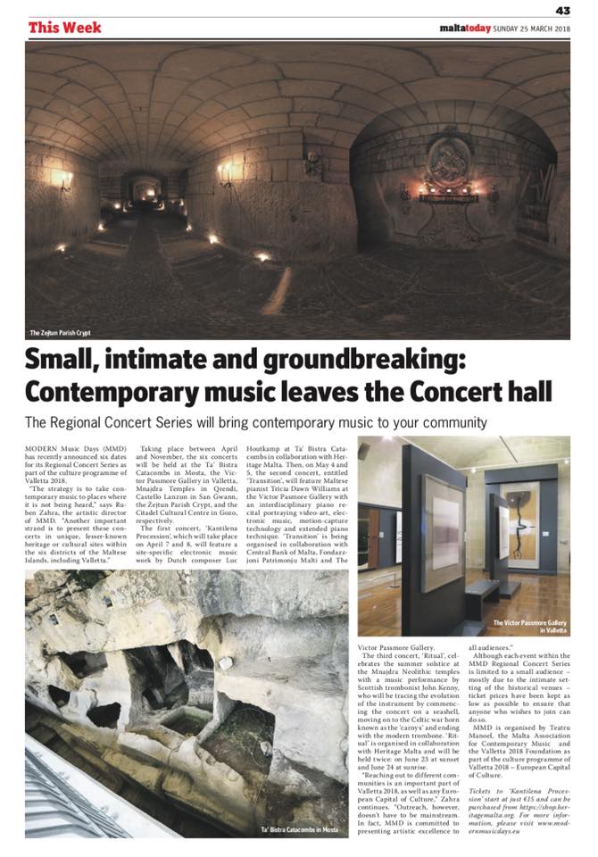 t_dawn_williams's tweet photo. Coming Up next on May 4th and 5th at Victor Pasmore Gallery in Valletta, #Malta
Tickets can be booked from @teatrumanoel 's website. Space is limited. #NewMusic #piano #Video #motionsensor #myoband @atautanaka @vincentcorver https://t.co/Q28k1OVGga