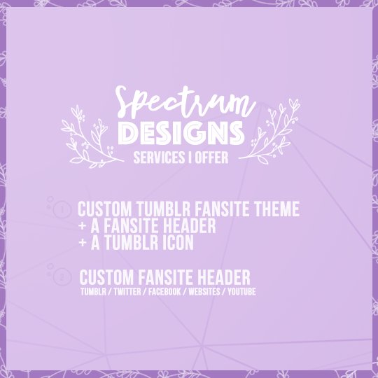 SpctrmDesigns's tweet photo. #SpectrumServices one stop for all your fansite needs! i offer #free headers as well as #themes. all YOU have to do is go to my #tumblr and #order what you need.
1. themes come with a #fansite header and icon.
2. you can request an icon with your #header. https://t.co/d13iBuVpdY