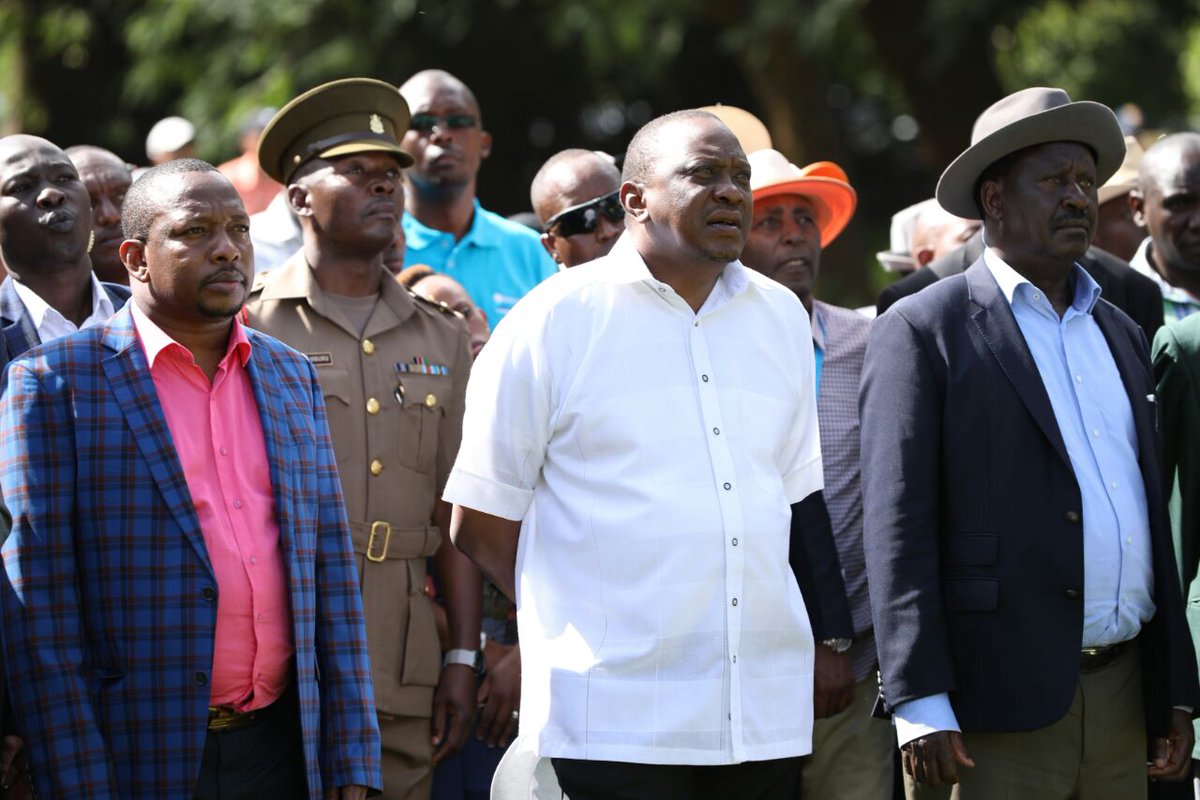 NationAfrica's tweet photo. President Kenyatta and NASA leader Raila Odinga witness the close of the #BKO2018 at Muthaiga Golf Club. https://t.co/zUkY80U5xl