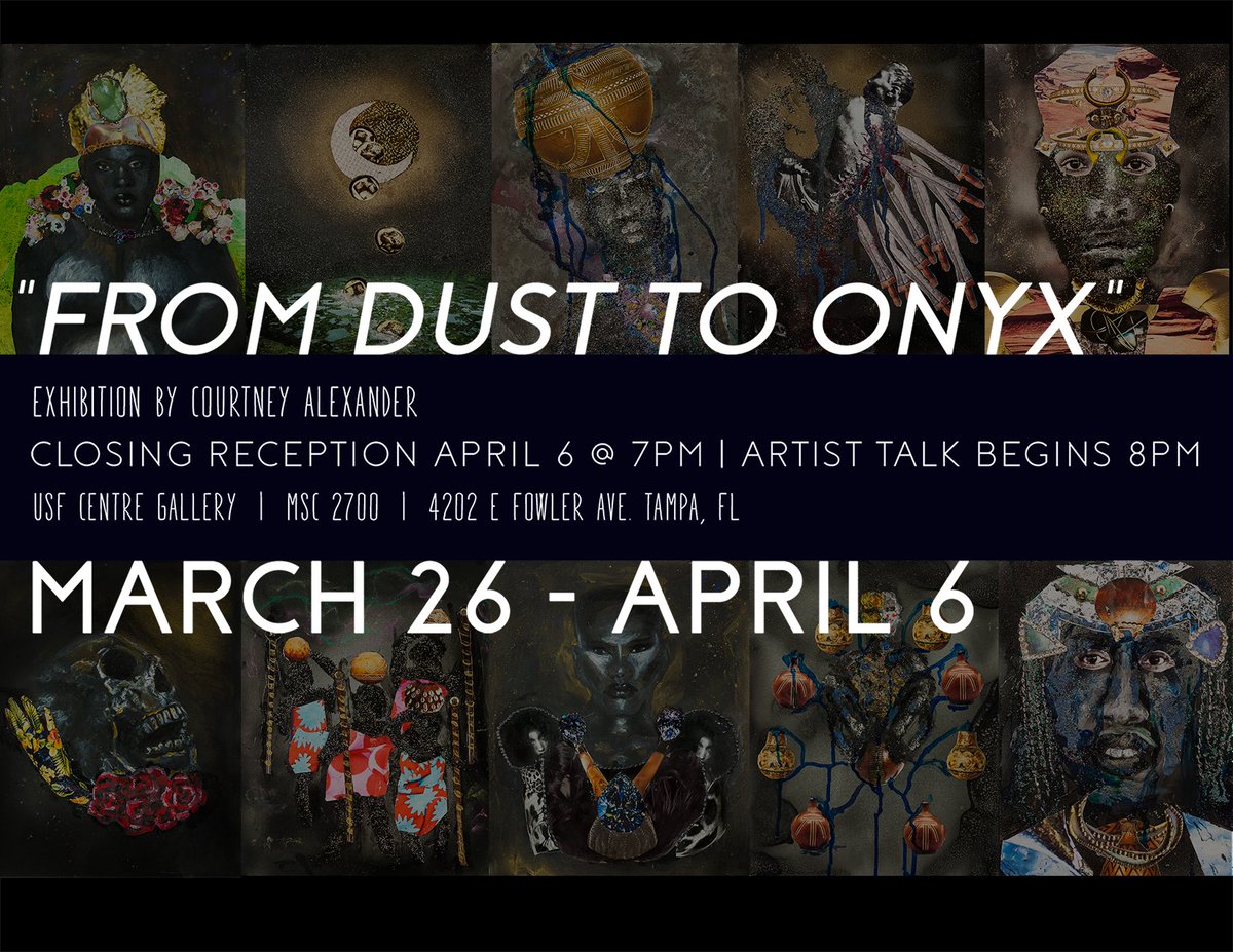 CentreGallery's tweet photo. Tomorrow is the opening reception of our latest installment From Dust to Onyx by Courtney Alexander ✨ DessART will be @ noon in 
room MSC 2700, we will have cake for you to nosh on while you enjoy the newest exhibition. We hope to see you there! #painting #usf #tampagallery https://t.co/8Nk9ZgdU4X