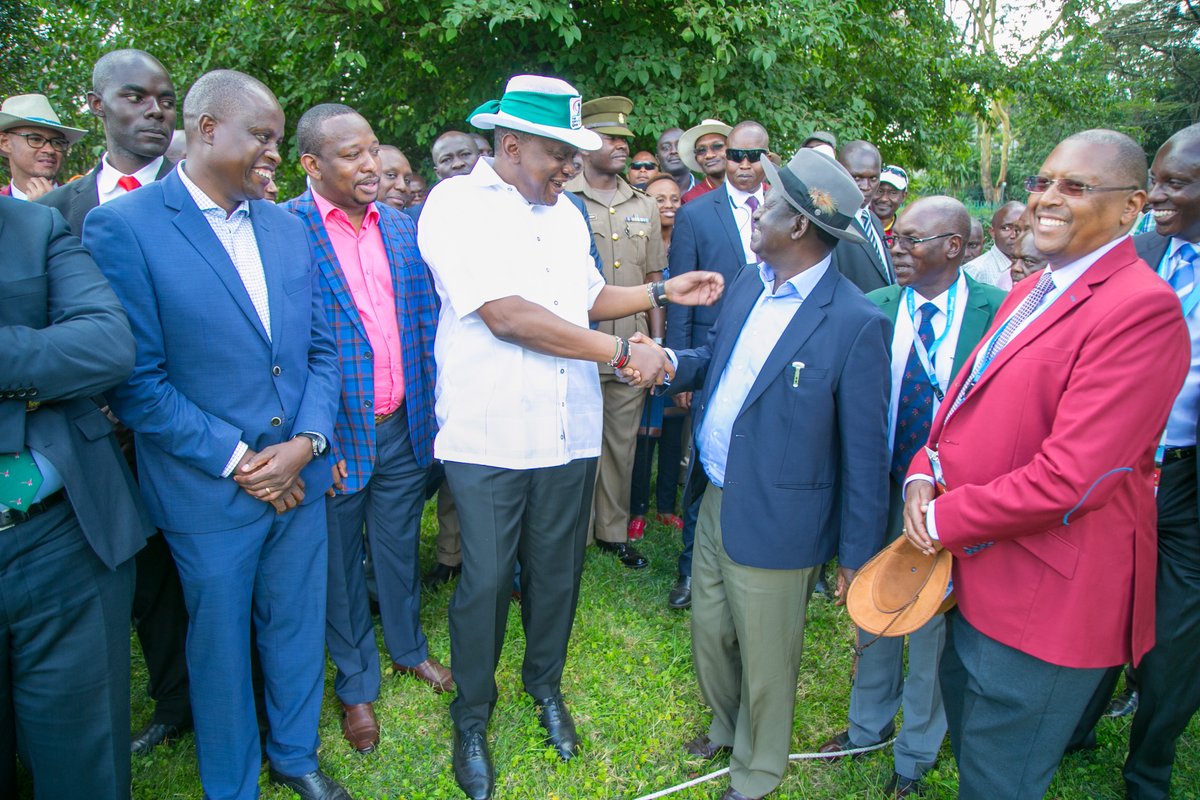 NationAfrica's tweet photo. President Kenyatta and NASA leader Raila Odinga witness the close of the #BKO2018 at Muthaiga Golf Club. https://t.co/zUkY80U5xl
