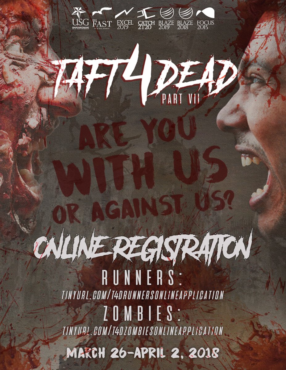 Taft4Dead_DLSU's tweet photo. Missed our on-ground registration?
Don’t worry! We’ve got you covered.
Online Registration will be from March 26 – April 2 2018

Choose your side.
Click the links below:
#TeamT🔫
https://t.co/5nrhsk0RKv
#TeamZ💀
https://t.co/pTbBFQwtiJ https://t.co/ALu8JQ6FeL