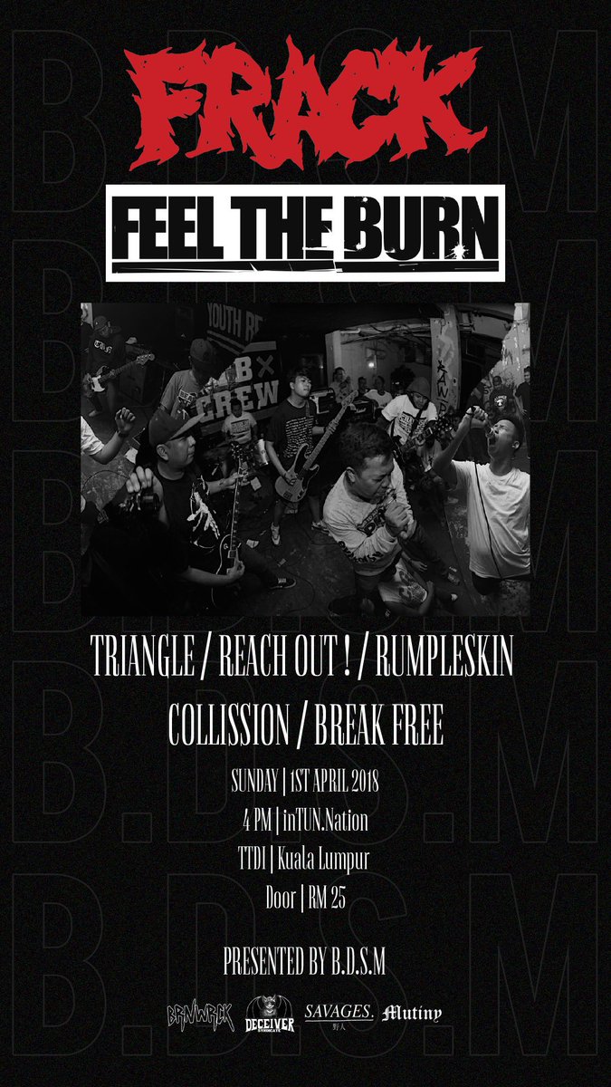 #KL SUNDAY April1 FRACK FEEL THE BURN 4pm @intunnation #TTDI ft. <a href="/trianglehc/">Triangle</a> <a href="/ReachOut_hc/">REACHOUT</a> <a href="/RumpelskinMY/">RUMPELSKIN</a> <a href="/cllsnmy/">Collision</a> <a href="/breakfreecrew/">Break Free</a>