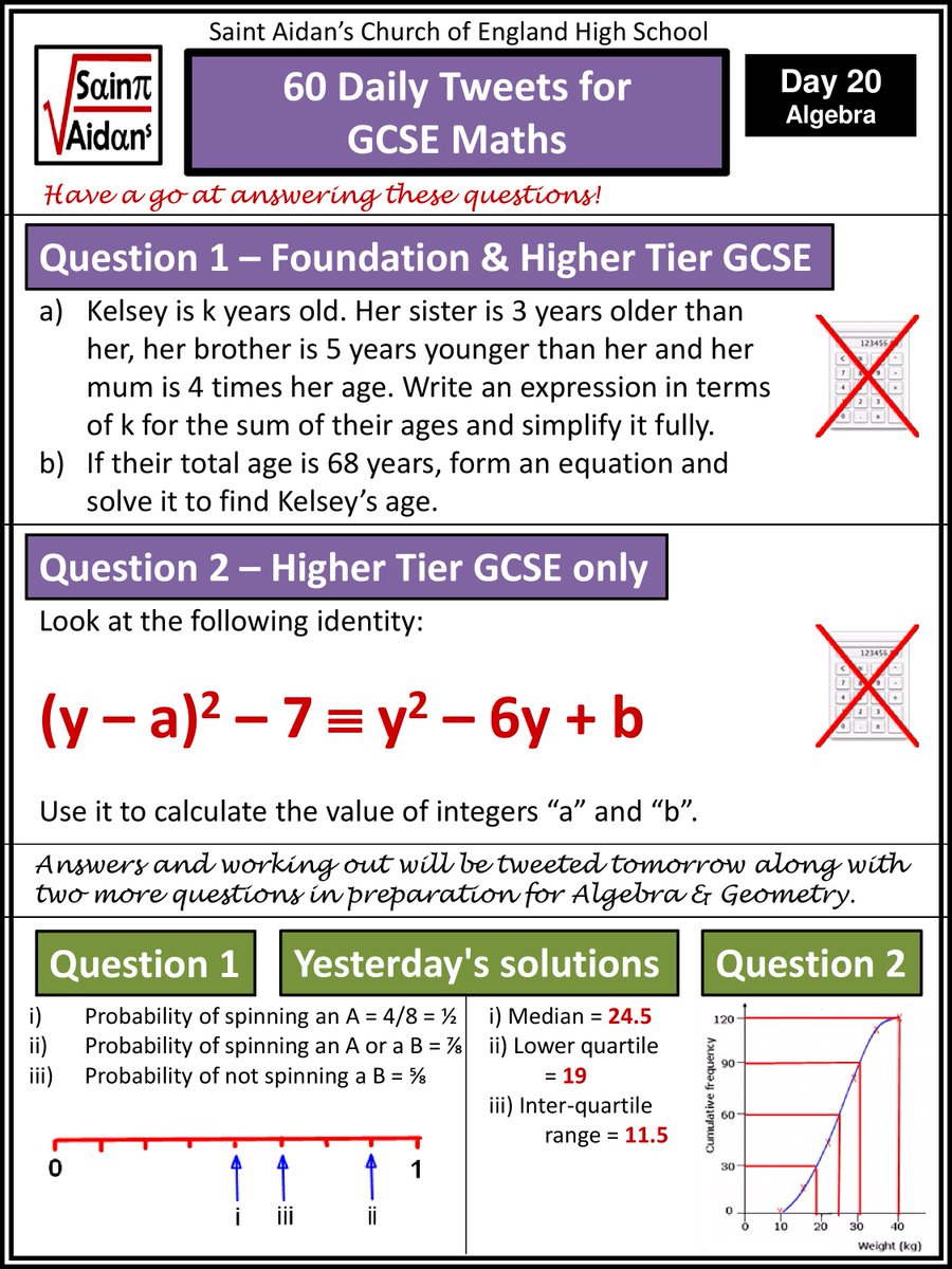 SaintAidansMath's tweet photo. No. 20 of 60 daily tweets designed to help Yr 11 prepare for their Maths GCSE this Summer - Today it's "Algebra" - Yeah! - Answers and more questions tomorrow! https://t.co/fu82g2TRnA