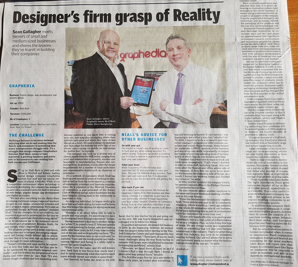 Graphedia's tweet photo. A big thank you to @seangallagher1 for the superlative article about Graphedia in todays @TheSundayIndo “Designer’s firm grasp of Reality”.  Delighted to be featured. #business https://t.co/M3nHuh5UvB
