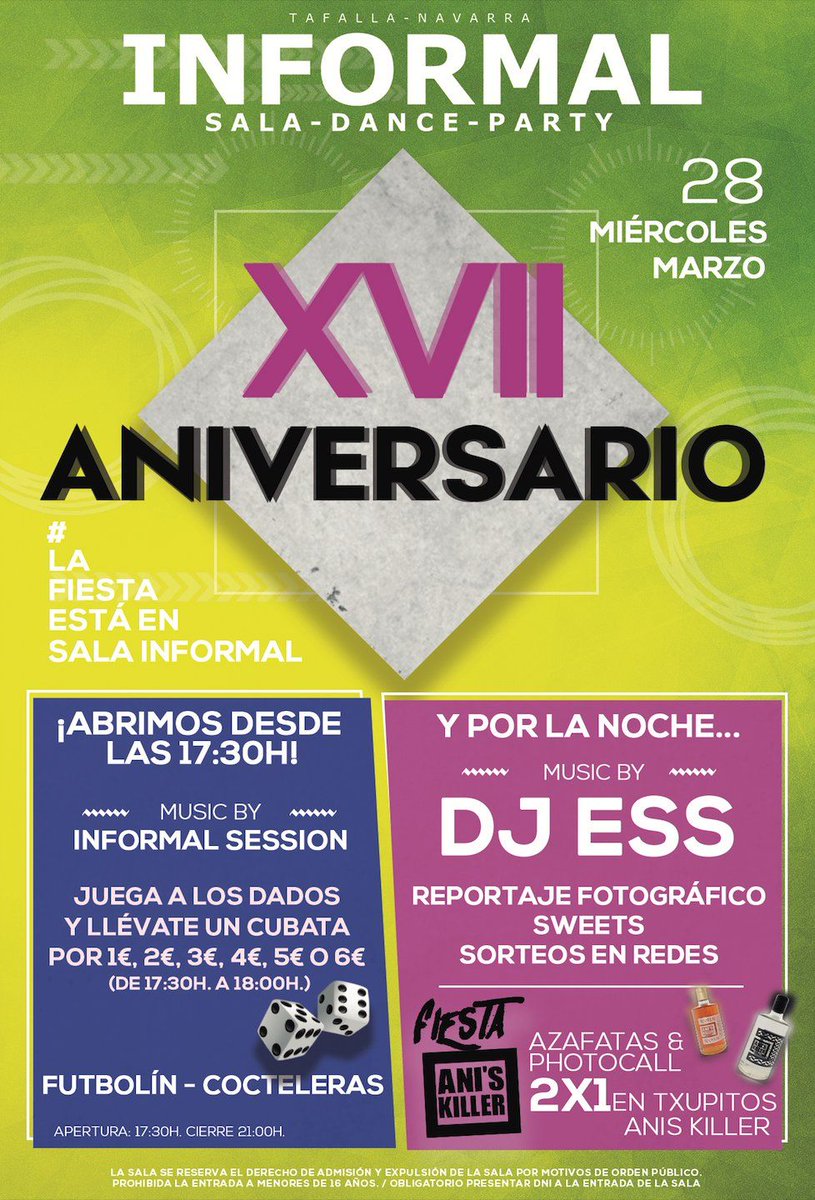 SalaInformalTaf's tweet photo. SORTEO ¡¡XVII ANIVERSARIO!! // 28 MARZO

¡¡SORTEO 4 CONSUMICIONES!!

- FOLLOW &amp; RT - https://t.co/N6Dk7lsLzz