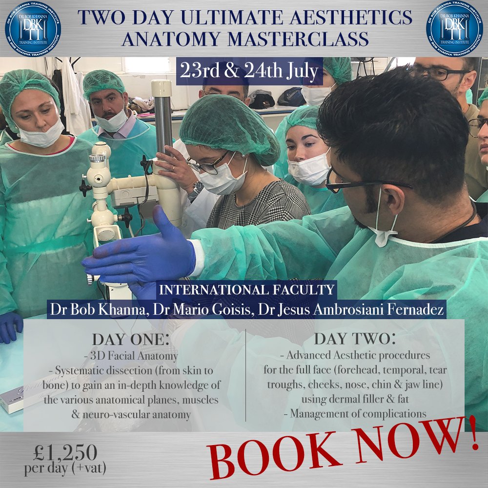 Remember to book your place on Professor Bob Khanna's Two Day Ultimate Aesthetics Masterclass!
To book, or for more information, please call +44 (0) 1344 721 929 or email info@drbobkhanna.com.

#CadaverCourse #DermalFillers #FacialAesthetics #NonSurgical #DrBobKhanna #Masterclass