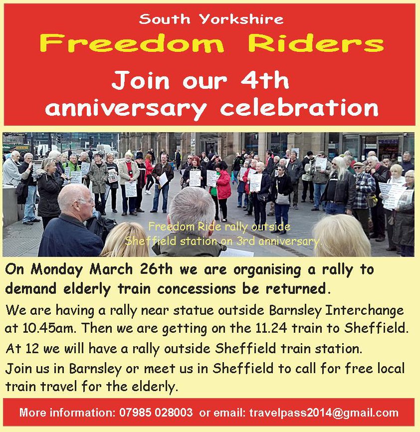 GeorgeArthur5's tweet photo. Freedomriders looking forward to put 4th birthday party tomorrow. We are meeting at Barnsley bus station for a rally at 10.30am then catching bus to Sheffield at 10.55. We are having rally outside Sheffield station at 12.15pm with a number of excellent speakers. Join us! https://t.co/bNIWabBa0H