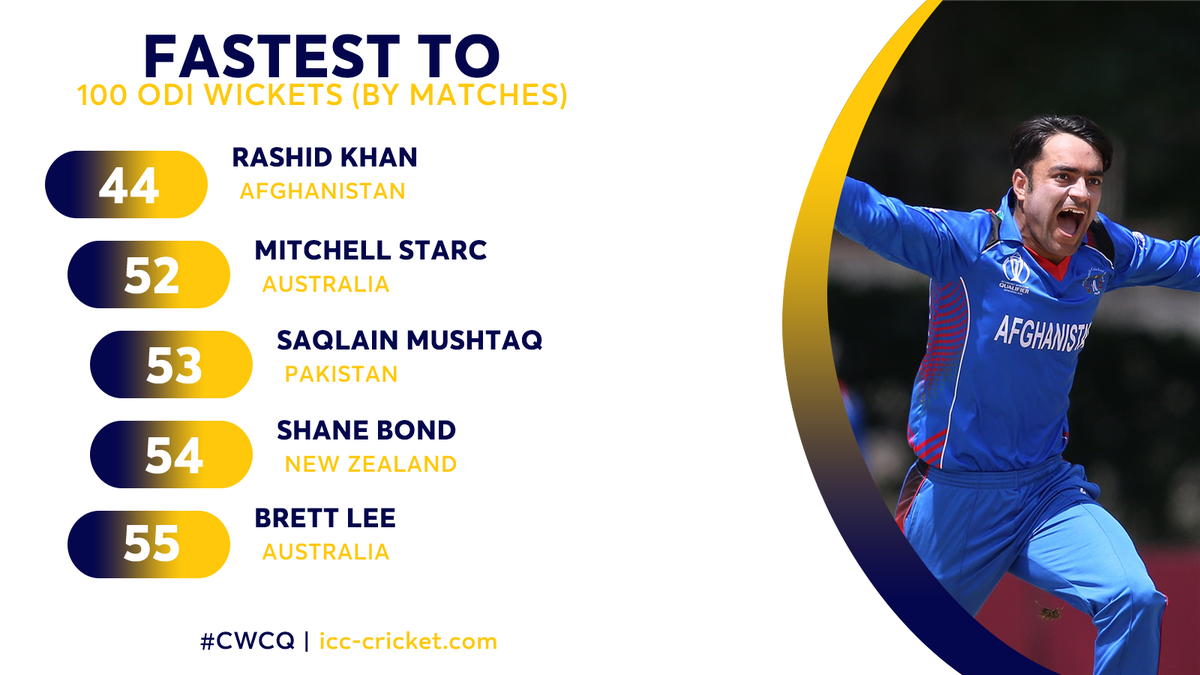 NEW RECORD! @rashidkhan_19 claims his 100th ODI wicket to smash the record for the fastest to reach the mark set by @mstarc56! Congratulations! 👏 @ARG_AFG @Shamshadnewstv @CricketAus @cRICKET @ICCLive