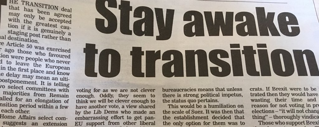 geoffreyMyers1's tweet photo. JRM writes today advising Brexiteers to stay awake to the possibilities of Brexit betrayal during transition. We hear often that leaving SM & CU was not on ballot well neither was #TransitionDeal https://t.co/g7ReOUK2dw
