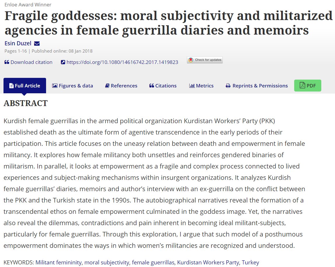 IFJPglobal's tweet image. Have you read the newest #EnloeAward winning article? Esin Duzel looks at #journals to explore #militant #femininity in the #Kurdistan Workers Party. Check out the full article here: buff.ly/2G755kY 
#storytelling #onlinefirst