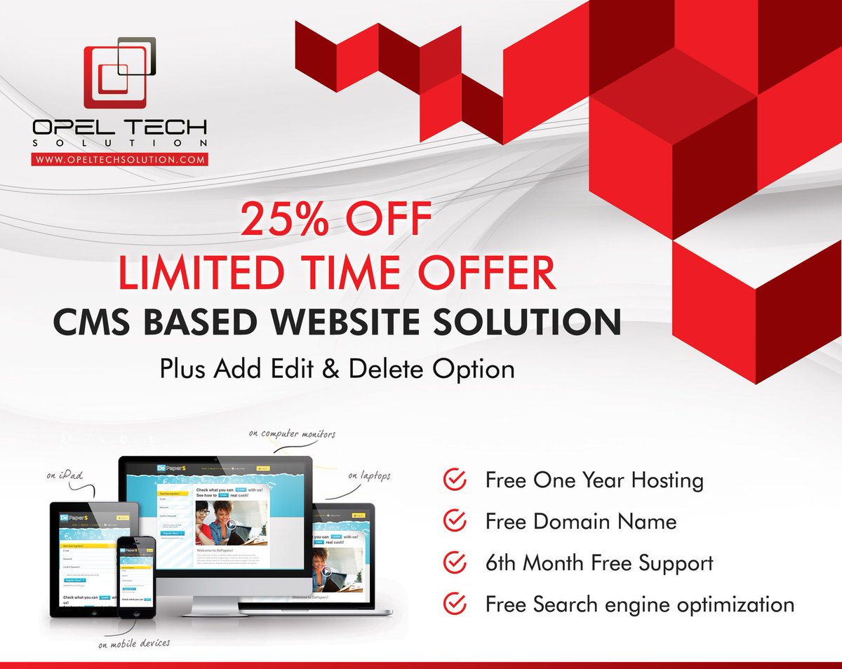 The Best Creative Website Offer!

Opel Tech Solution Offering Great Opportunity for your Business, Get Your Professional CMS Based Website with Add, Edit &amp; Delete Options.