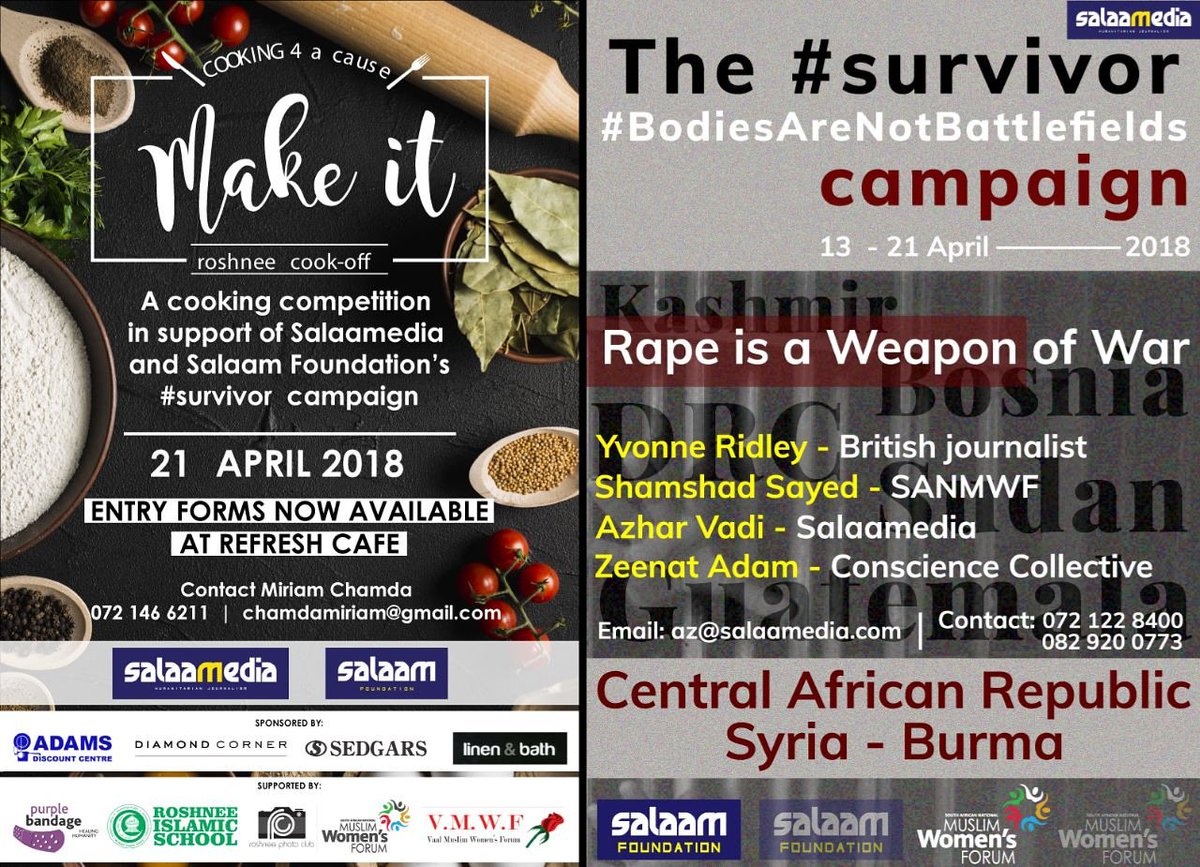 salaamedia's tweet photo. The #RoshneeCookOff
Entry forms now available at @refreshcafentakeawayin Roshnee. Proceeds in aid of the #Survivor #BodiesAreNotBattlefields campaign.
@purplebandage @sedgars_vereeniging @roshneeislamicschool @roshnee_islamic_school #SANMWF #SalaamFoundation https://t.co/wkCEX4jNQ3