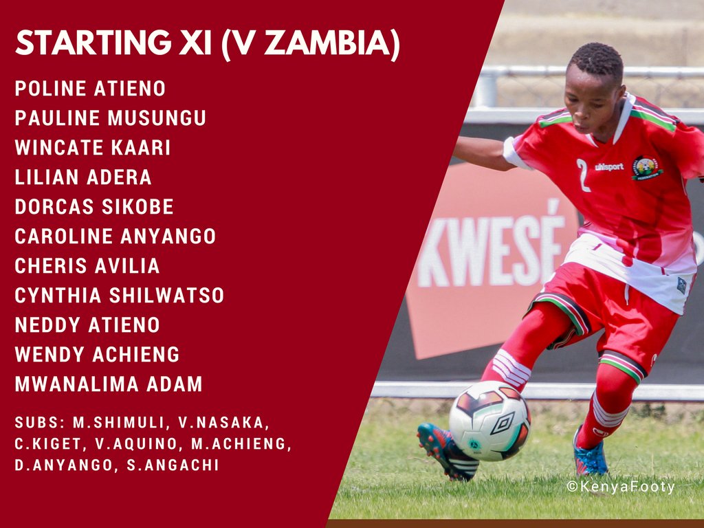 kenyafooty's tweet photo. From #ChapaDimbanaSafaricom we head down to Kitwe, Zambia for the #HarambeeStarlets v #Shepolopolo showdown.

Here's how Kenya shall lineup against Zambia in the friendly... 👇

#Kenya #HarambeeStarlets #TheRematch #Kenyafooty #WePlayStrong https://t.co/1HtpSI5RQo