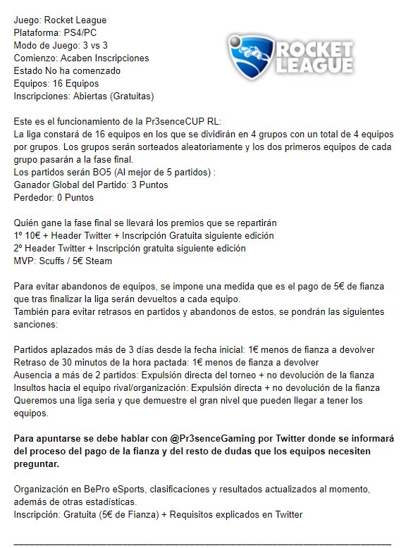 🏆 Pr3senceCUP 🏆
Ya están abiertas las inscripciones para Pr3senceCUP RL:
🕹️Rocket League
💵Gratuita
✍️16 Plazas
📺Streams | Premios | Sorteos
Requisitos para la inscripción MD 📩
<a href="/BeproEsports/">bePRO eSports</a> @SQ_eSports @PhoenixServers_ 
#Pr3senceCUP