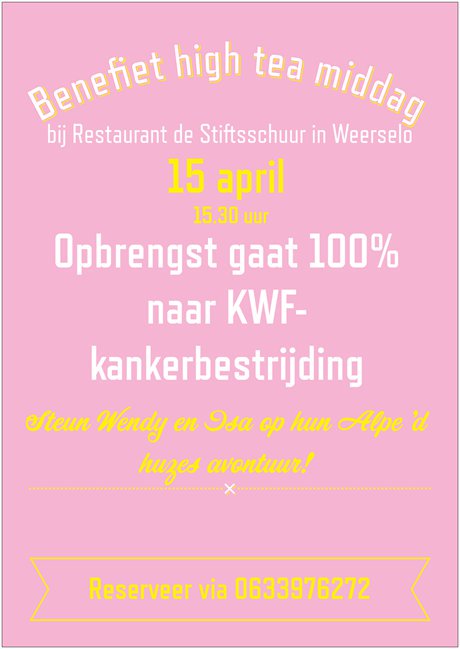 DeStiftsschuur's tweet photo. Om Wendy en Isa (die mee doen met de @SupportAlpe d huzes) te steunen organiseren we een benefiet high tea op 15 april, waarvan de opbrengst volledig naar @kwf_nl -kankerbestrijding gaat! Op onze website vind je meer informatie. (https://t.co/z0T1JrnXeT) https://t.co/YLiC8bBF8C
