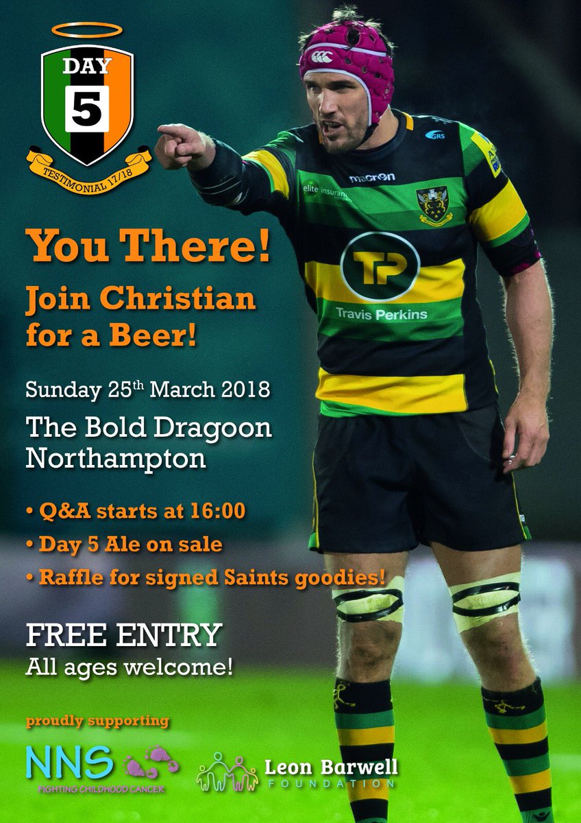 Free Q&amp;A at The Bold Dragoon pub this afternoon. Come on down if you’re a Saints Fan. All ages welcome. 

<a href="/alex_waller/">Alex Waller</a> and <a href="/StephenMyler/">Stephen Myler</a> are joining me 🙌

Day5 Ale on Sale 😎
Raffle for some signed Saints goodies. 

Raising funds for <a href="/NiamhsNextStep/">Niamh’s Next Step CIO 💜</a> and <a href="/LinkupwithLeon/">Leon Barwell Fdn.</a>