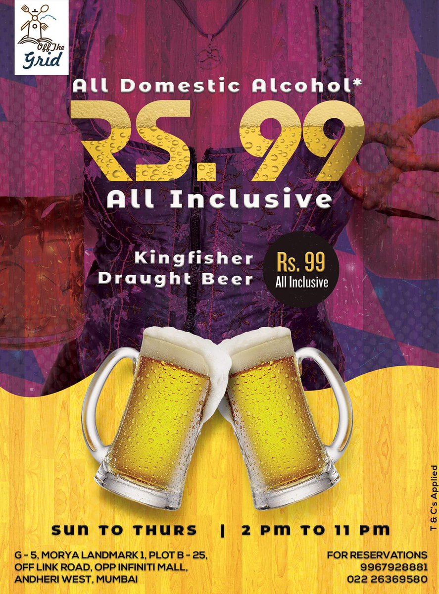 HOP_Mumbai's tweet photo. One of the 99 reasons why you should head to Off The Grid! Make the most of our offer on Domestic Alcohol prices at Rs. 99 All Inclusive.

For Reservations: 9967928881/02226369580
Address: G-05, Morya Landmark 1, Off Link Road, Opp. Infinity Mall, Andheri West, Mumbai. https://t.co/auScn3o1Uj