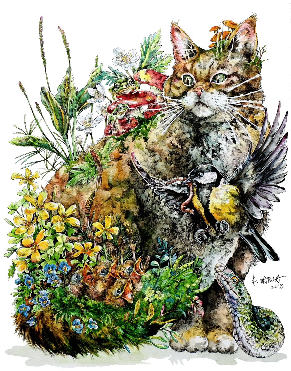 春告」F6 ペン 透明水彩 ずいぶん久しぶりに猫をメインに添えた作品