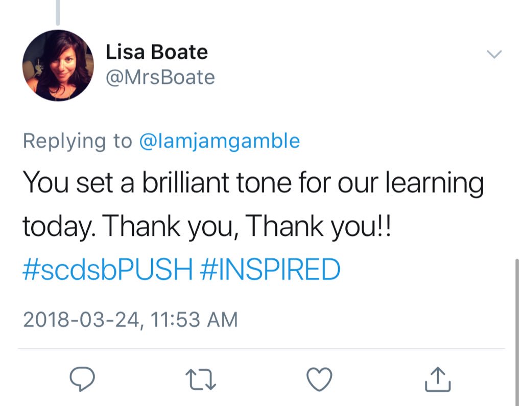 Iamjamgamble's tweet photo. Just a few of my favourite tweets from yesterday π One of my favourite things of presenting a workshop or keynote, is reading the attendees feedback. Thank you!
I'm confident that the #FrizzleEffect will be spreading all over the @SCDSB_Schools!
#SCDSBPUSH https://t.co/ocundaIE9N
