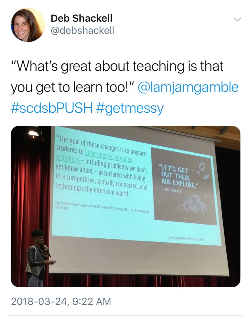 Iamjamgamble's tweet photo. Just a few of my favourite tweets from yesterday π One of my favourite things of presenting a workshop or keynote, is reading the attendees feedback. Thank you!
I'm confident that the #FrizzleEffect will be spreading all over the @SCDSB_Schools!
#SCDSBPUSH https://t.co/ocundaIE9N
