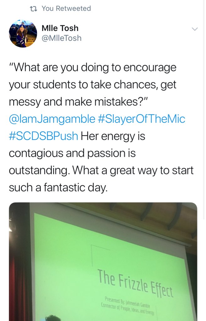 Iamjamgamble's tweet photo. Just a few of my favourite tweets from yesterday π One of my favourite things of presenting a workshop or keynote, is reading the attendees feedback. Thank you!
I'm confident that the #FrizzleEffect will be spreading all over the @SCDSB_Schools!
#SCDSBPUSH https://t.co/ocundaIE9N